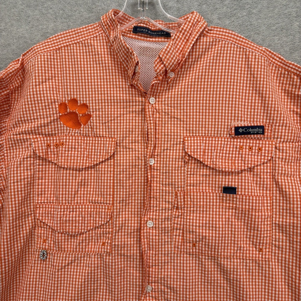 Clemson Tigers Columbia PFG Shirt Mens XXL Orange Gingham Check Super Bonehead - Picture 3 of 9